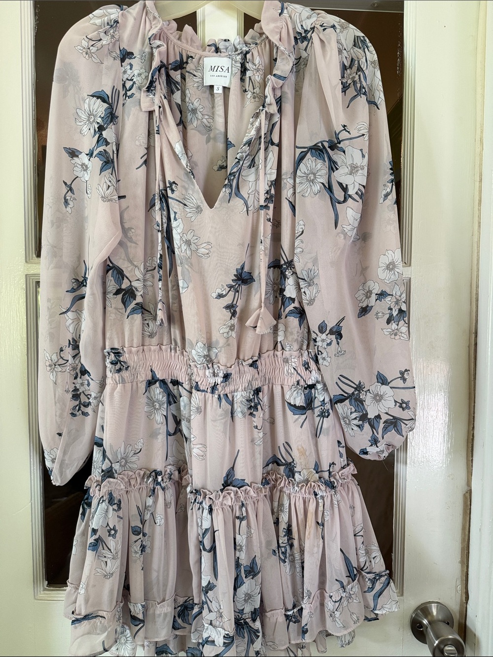Misa Los Angeles Blush Floral Ruffle Tie-Neck Dress
